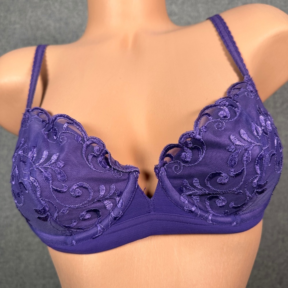 Vintage Victorias Secret 34B Bra Womens Adjustable Purple Embroidered Floral - Picture 2 of 13